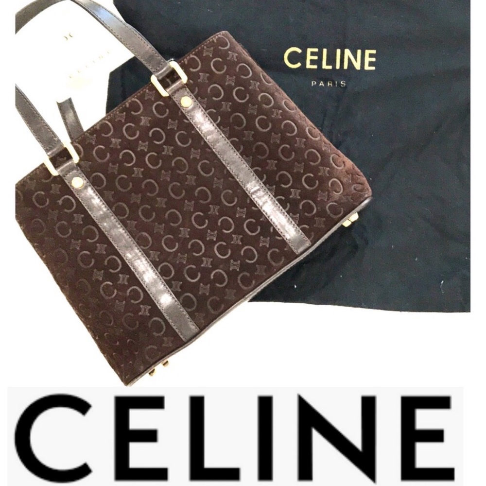 CELINE BROWN SUEDE EMBOSSED LOGO SM TOTE HANDBAG